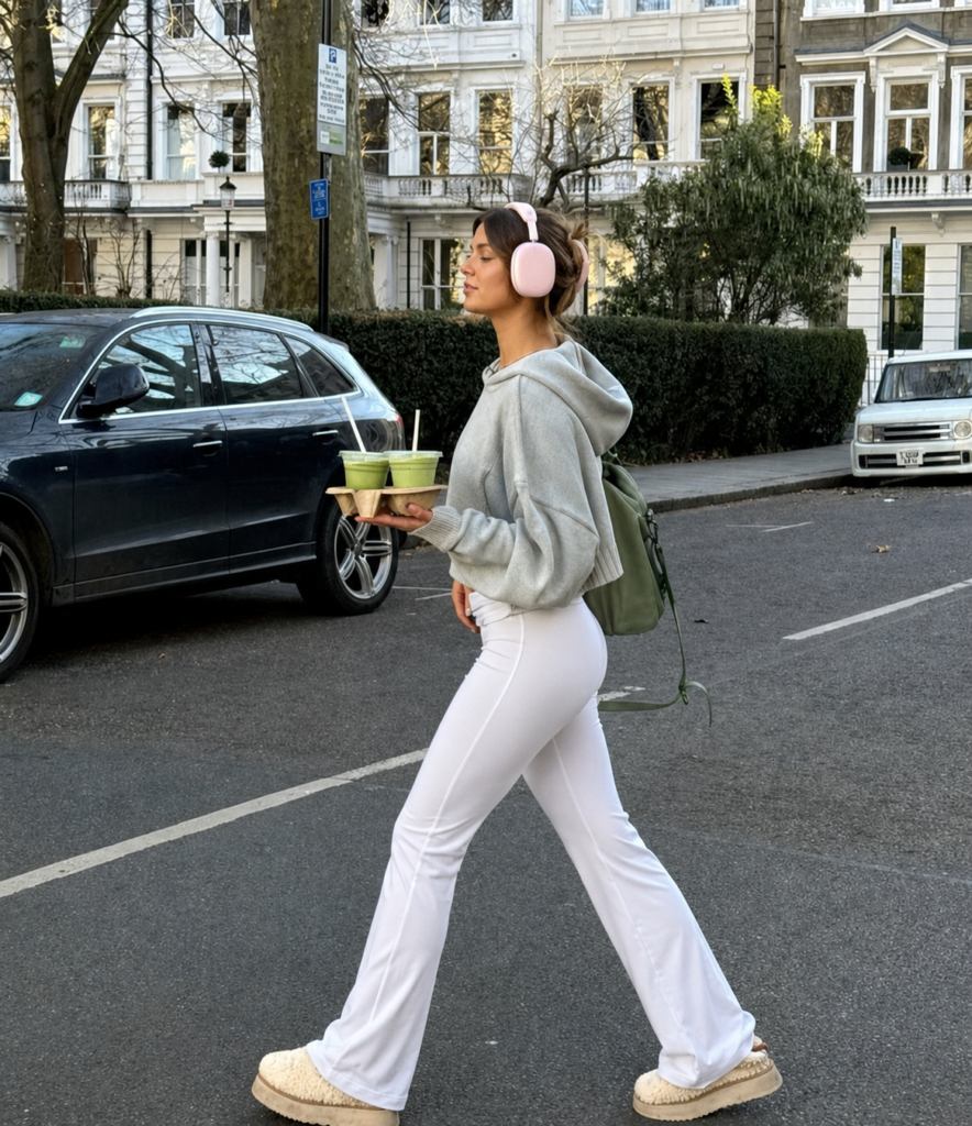 mujer con look casual en la calle usando el set modal de Pratyque